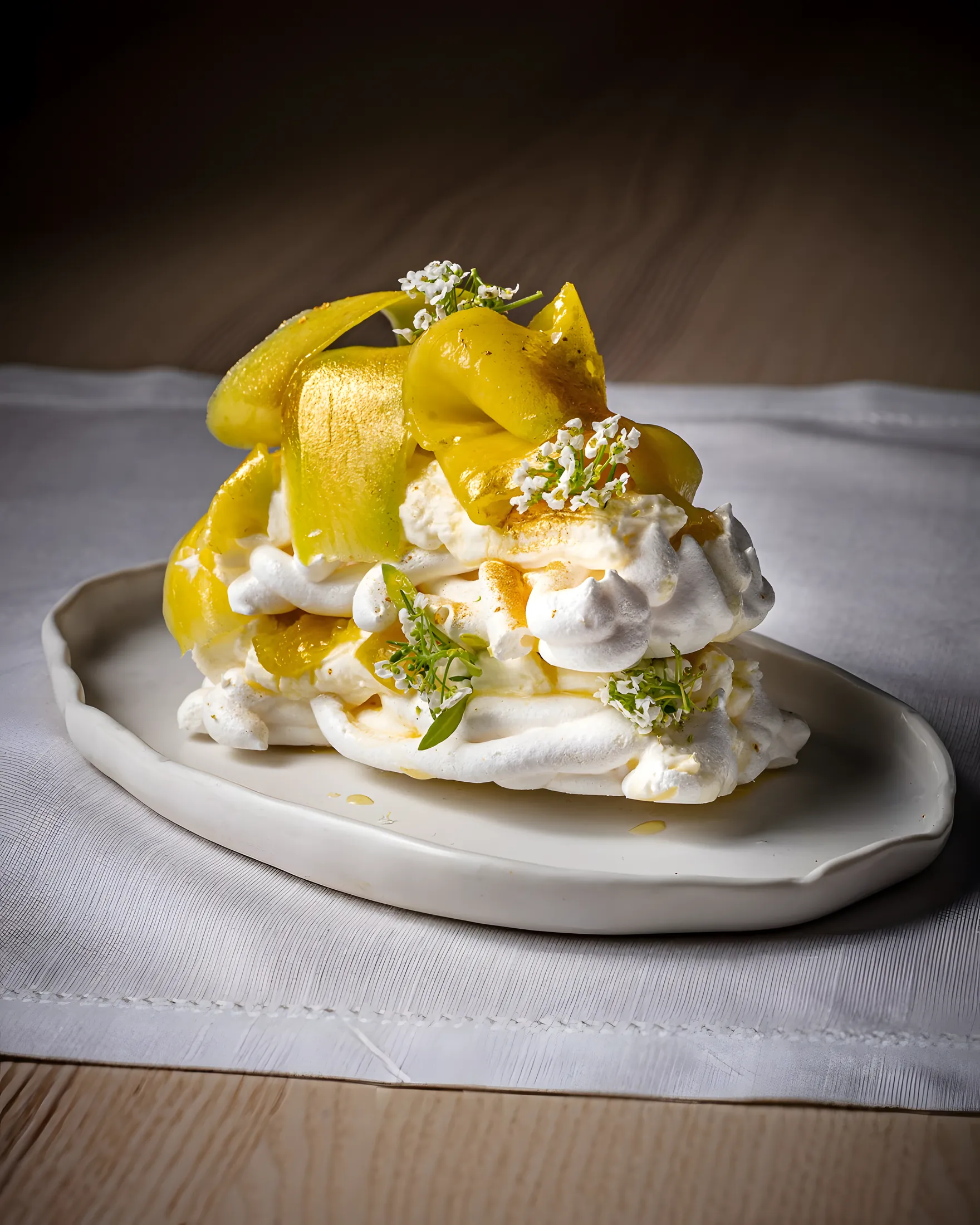Pavlova con mango en escabeche